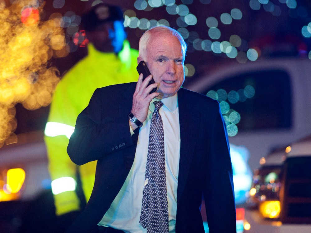 Sen. John McCain, R-Ariz., leaves the Jefferson Hotel after a dinner meeting hosted by President Barack Obama for a few Republican Senators in Washington, Wednesday, March 6, 2013.