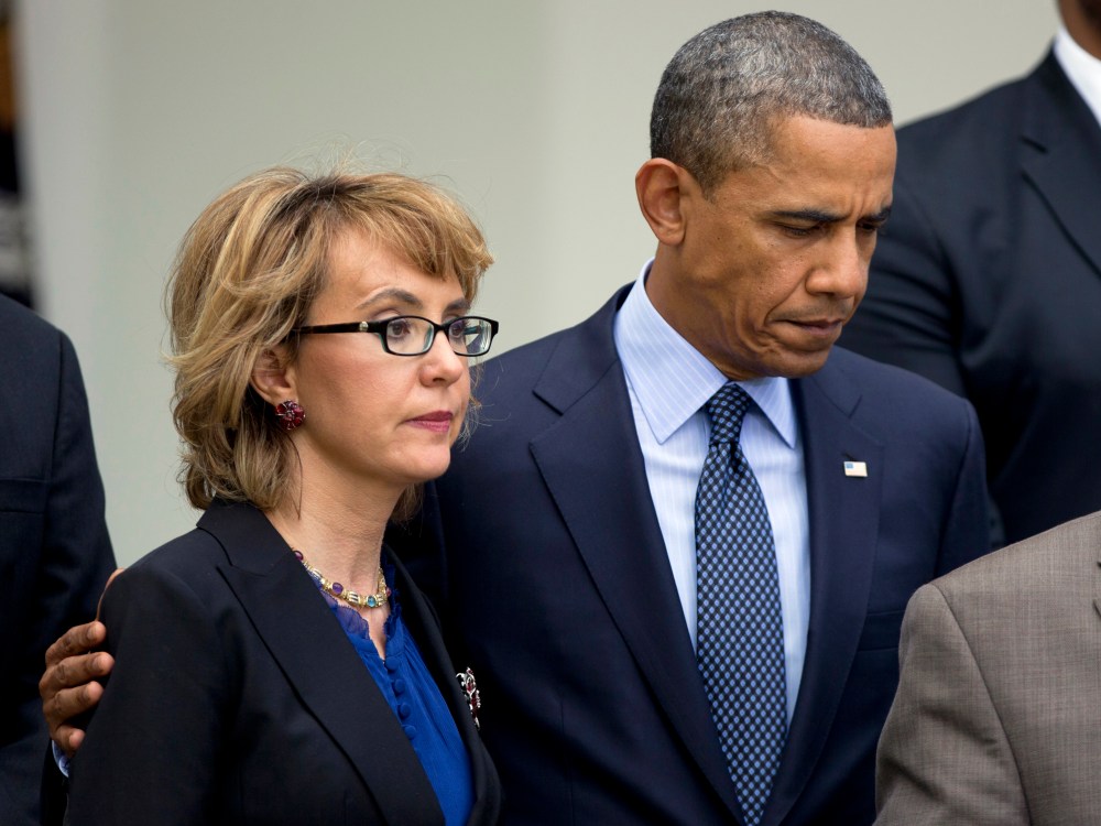 President Barack Obama with former Rep. Gabrielle Giffords in the Rose Garden at the White House in Washington, Wednesday, April 17, 2013, about measures to reduce gun violence.  (Photo by Manuel Balce Ceneta/AP Photo)