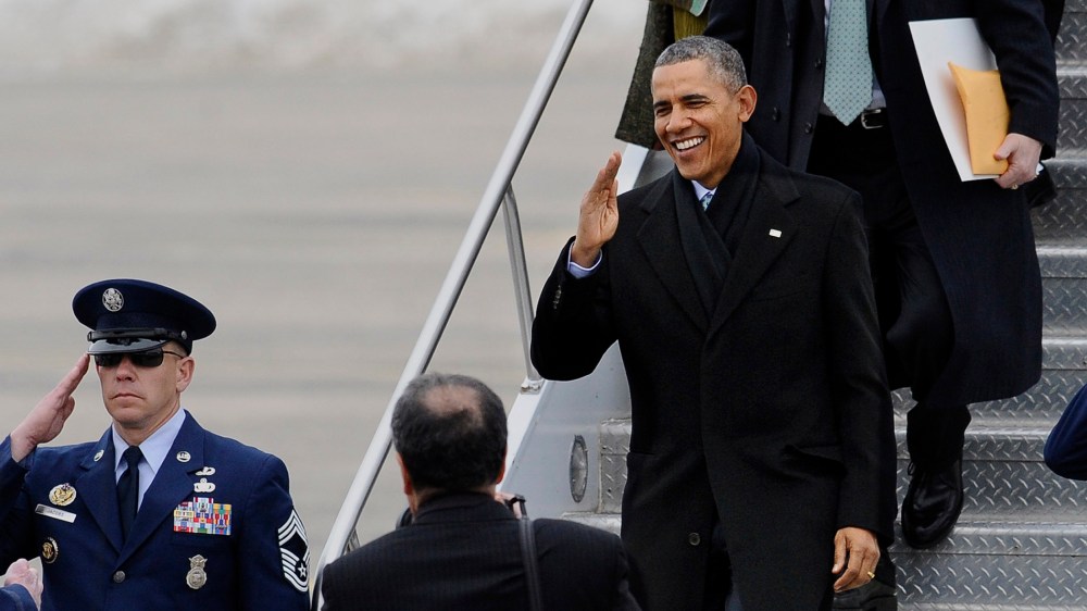 President Obama arrives in East Granby, Conn., to talk about increasing the federal minimum wage, March 5, 2014.