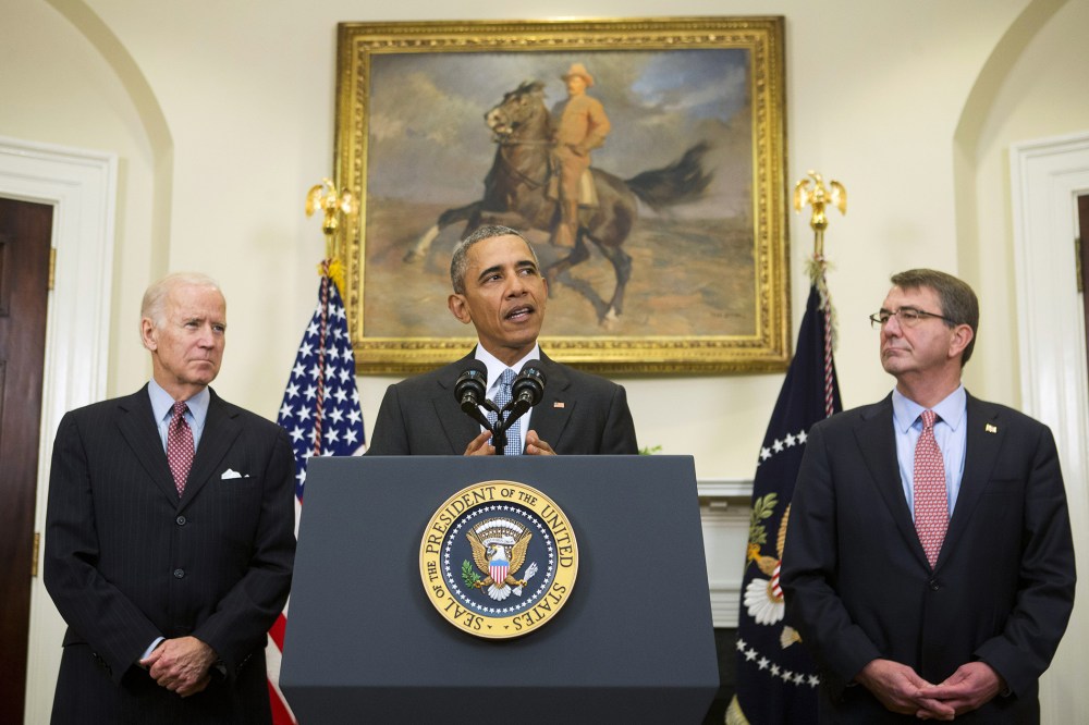 President Barack Obama, accompanied by Vice President Joe Biden and Defense Secretary Ash Carter, speaks in the Roosevelt Room of the White House in Washington, D.C., Feb. 23, 2016. (Photo by Pablo Martinez Monsivais/AP)