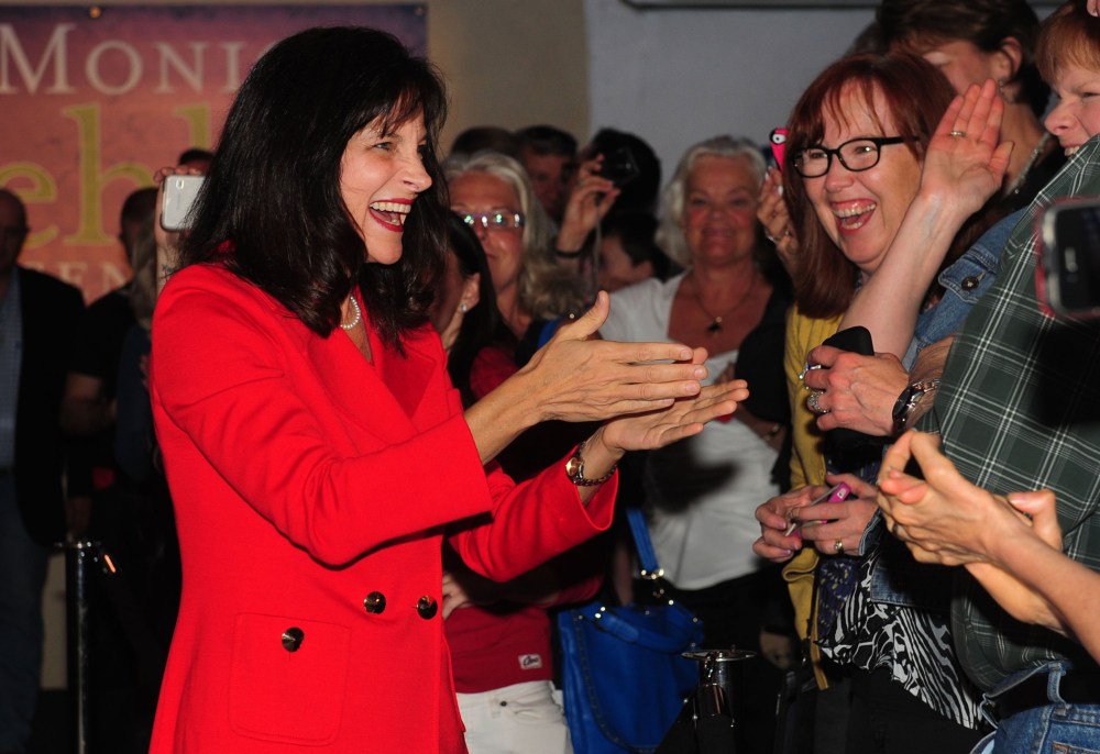 Dr. Monica Wehby greets supporters at the headquarters in Oregon City, Oregon after winning the Oregon Republican Primary race for Senate on Tuesday, May. 20, 2014.