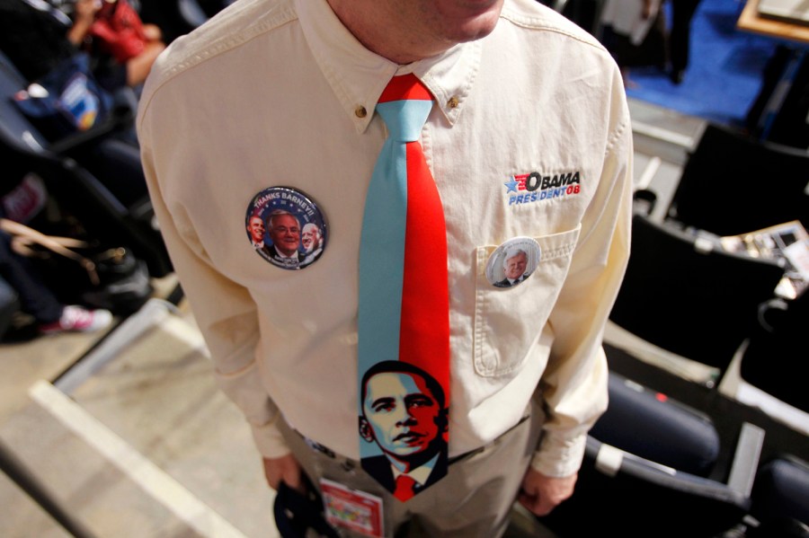 Massachusetts delegate Stephen Driscoll attends the second session of the Democratic National Convention wearing an Obama tie on Sept. 5.