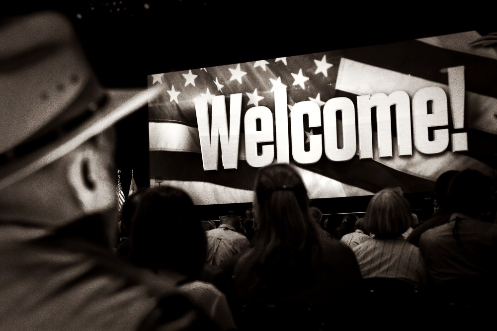 Attendees await speakers at the National Rifle Association's (NRA) annual meeting in Indianapolis, Indiana on April 25, 2014.