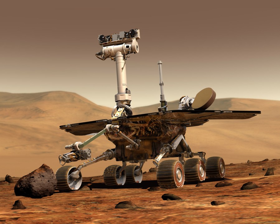 An artist's concept portrays a NASA Mars Exploration Rover on the surface of Mars.