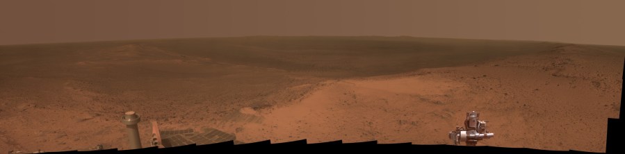 This panorama is the view NASA's Mars Exploration Rover Opportunity gained from the top of the 