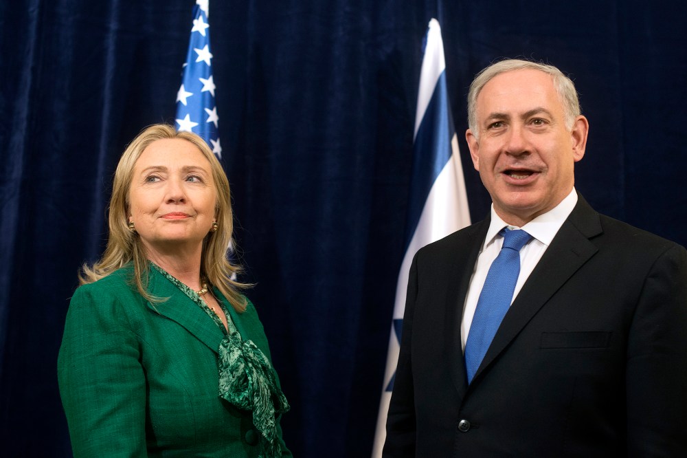 Then-U.S. Secretary of State Hillary Clinton meets with Israeli Prime Minister Benjamin Netanyahu in New York in 2012. (Photo by Keith Bedford/Reuters)