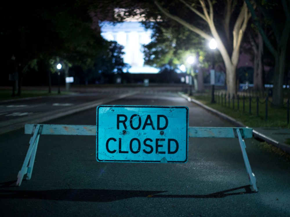 A barricade leading to the Lincoln Memorial prevents access to tourist buses in Washington