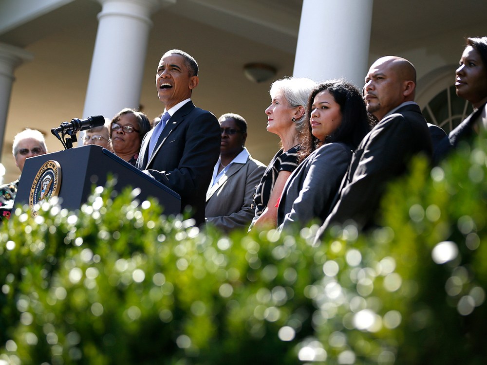 U.S. President Barack Obama delivers remarks alongside Americans the White House says will benefit from the opening of health insurance marketplaces under the Affordable Care Act, in the Rose Garden of the White House in Washington