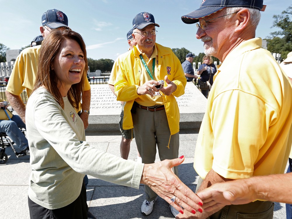 Michele Bachmann greets veterans at the World War Two Memorial in Washington