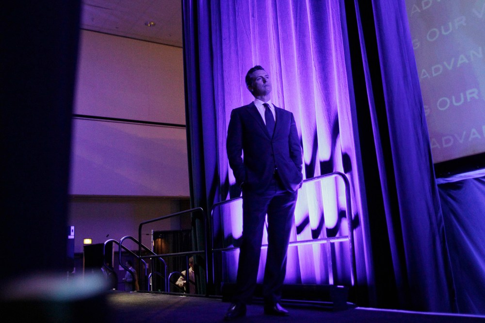 California Lt. Governor Gavin Newsom waits to go onstage to speak at the 2014 California Democrats State Convention at the Los Angeles Convention Center on March 8, 2014.