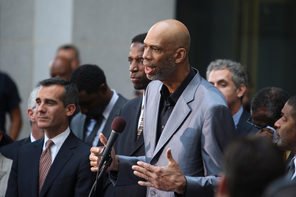 Retired basketball star Kareem Abdul-Jabbar speaks at a news conference after National Basketball Association Commissioner Adam Silver made an announcement regarding Los Angeles Clippers owner Donald Sterling, in Los Angeles, Calif., April 29, 2014.