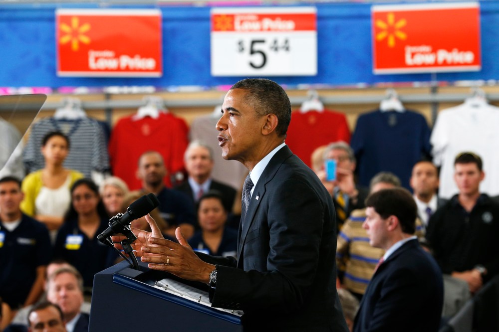 U.S. President Barack Obama speaks about energy during a visit to a Wal-Mart store in Mountain View, Calif. May 9, 2014.