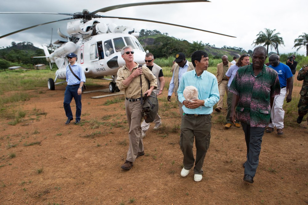 Anthony Banbury (2nd L), Special Representative and Head of the United Nations Mission for Ebola Emergency Response to Liberia, arrives at Foya in Lofa County, October 2, 2014.