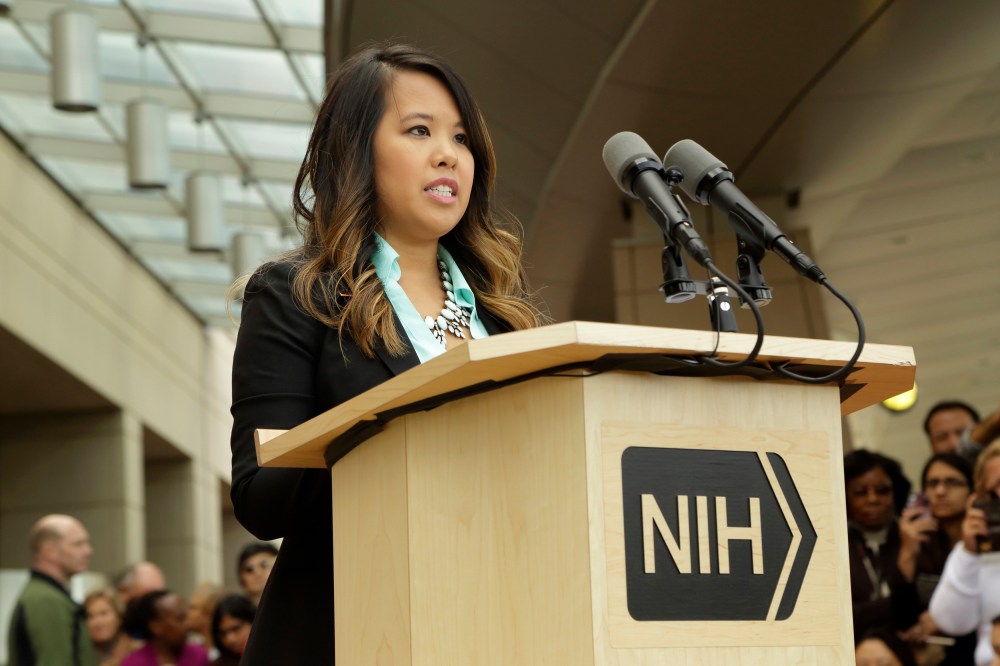 Dallas nurse Nina Pham speaks during a news conference at the National Institutes of Health (NIH) in Bethesda, Maryland in this Oct. 24, 2014. (Photo by National Institutes of Health/Handout via Reuters)