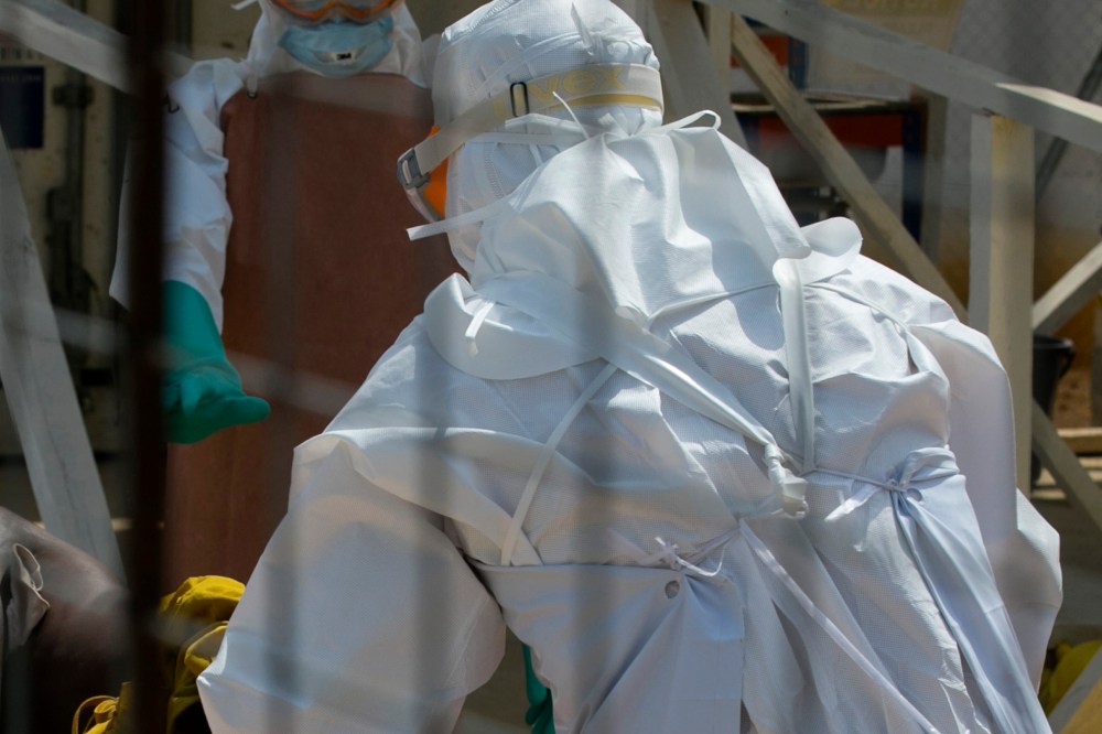 A healthcare worker at an Ebola treatment center outside Freetown, Sierra Leone on Dec. 22, 2014.