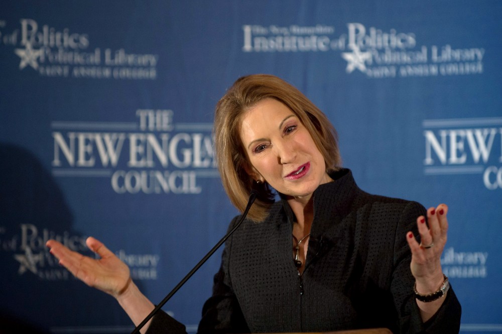 Former Hewlett-Packard Chief Executive Carly Fiorina speaks at the New England Council's "Politics and Eggs" breakfast in Bedford, N.H., Feb. 10, 2015. (Photo by Gretchen Ertl/Reuters)