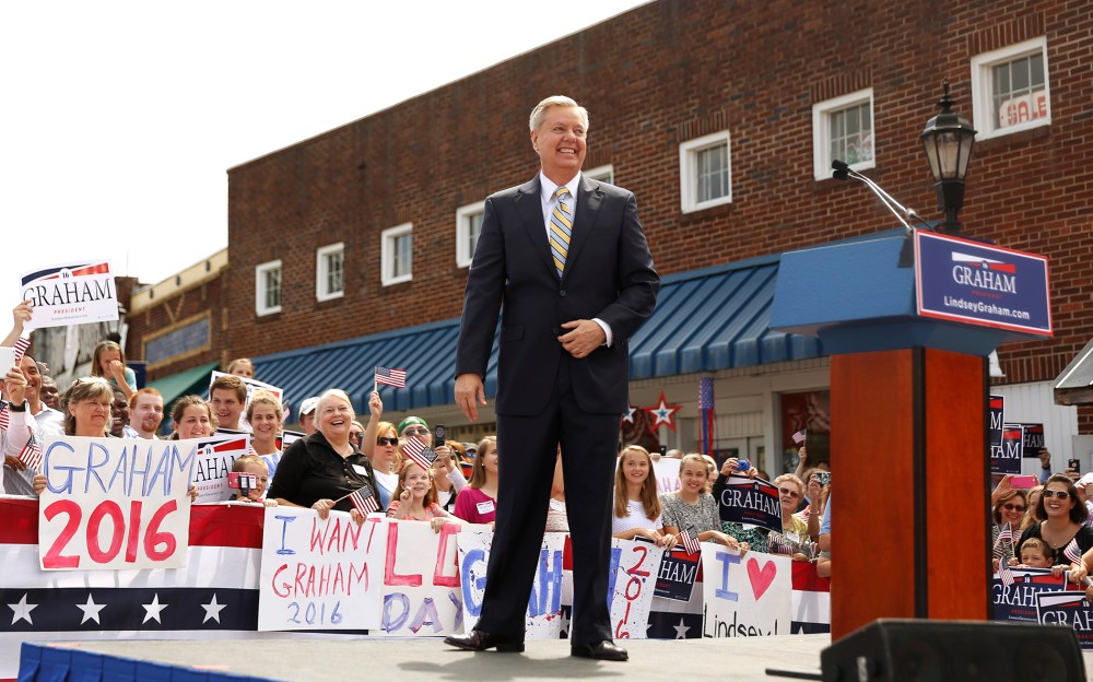 Republican presidential candidate U.S. Senator Lindsey Graham arrives onstage to formally announce his campaign for the 2016 Republican presidential nomination in Central, S.C., June 1, 2015. (Photo by Christopher Aluka Berry/Reuters)