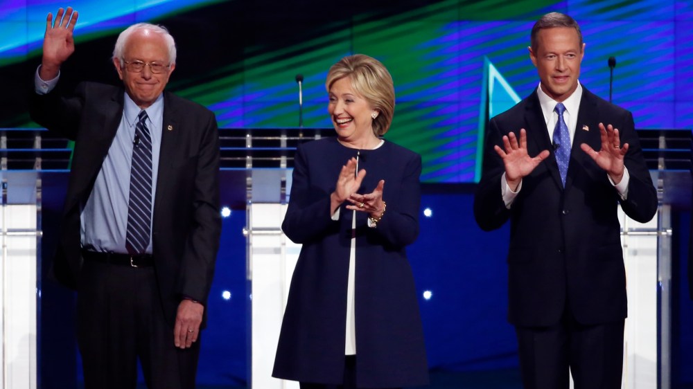 Democratic presidential candidates Bernie Sanders, Hillary Clinton and Martin O'Malley at the first official Democratic candidates debate of the 2016 presidential campaign in Las Vegas, Oct. 13, 2015. (Photo by Lucy Nicholson/Reuters)