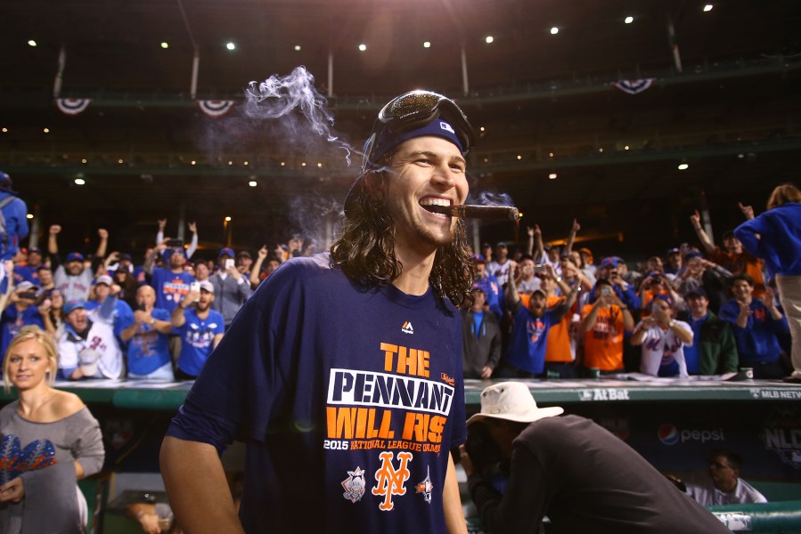 New York Mets starting pitcher Jacob deGrom (48) celebrates after defeating the Chicago Cubs in game four of the NLCS at Wrigley Field on Oct. 21, 2015 in Chicago, Ill. (Photo by Caylor Arnold/USA TODAY Sports/Reuters)