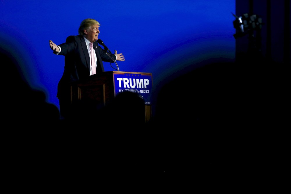 Republican presidential candidate Donald Trump speaks at a campaign rally at Winner Aviation in Youngstown, Ohio, March 14, 2016. (Photo by Aaron Bernstein/Reuters)