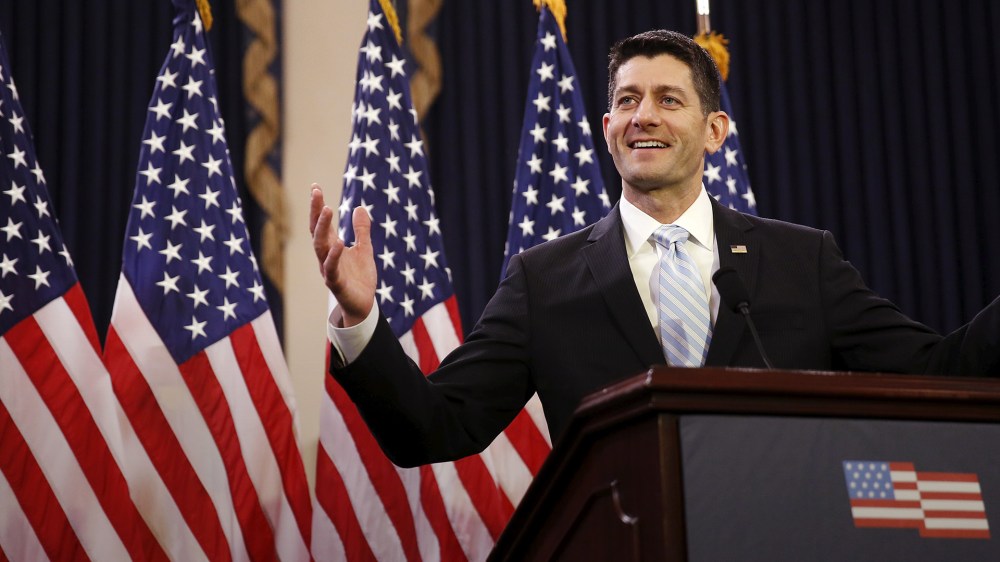 Speaker of the House Paul Ryan (R-WI) delivers a speech on "the state of American politics" to interns on Capitol Hill in Washington, March 23, 2016. (Photo by Gary Cameron/Reuters)