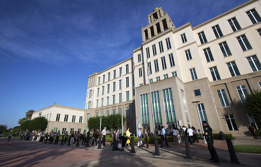 The Seminole County Courthouse before jury selection begins for the trial of George Zimmerman,  charged with second-degree murder for last year's killing of  Trayvon Martin, in Sanford, Florida. Zimmerman has pleaded not guilty. (Photo by Scott Audette...