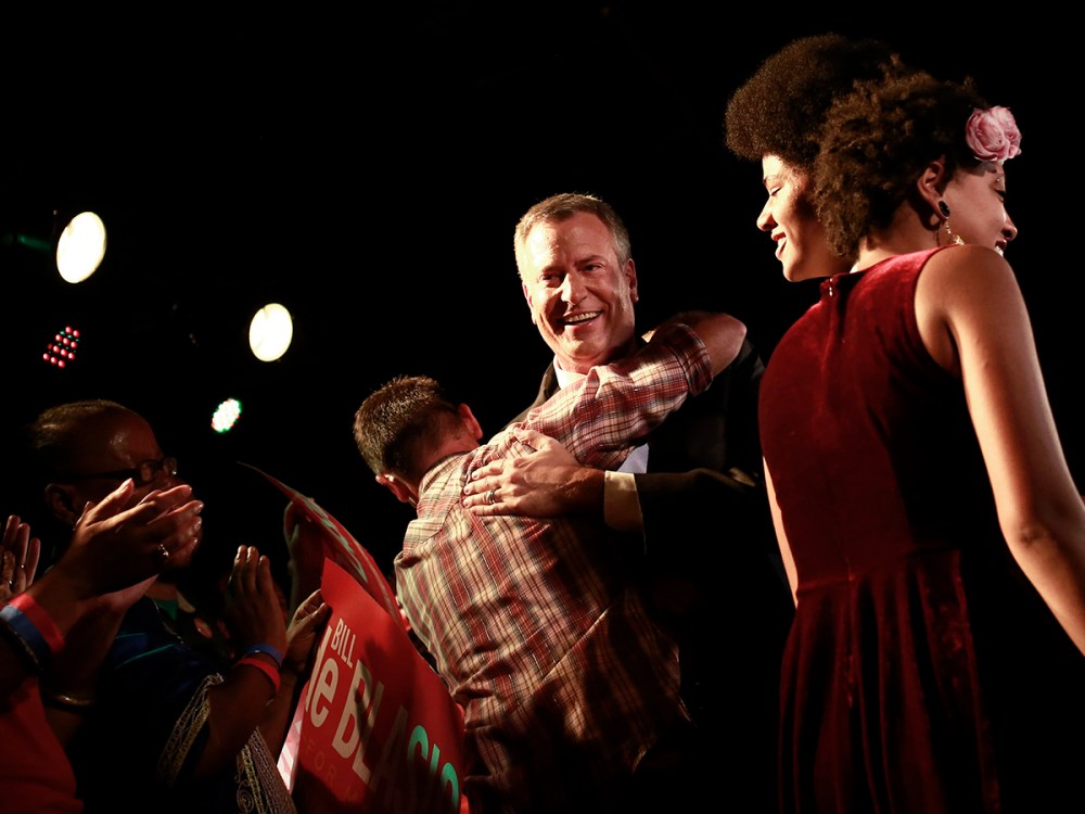 Democratic candidate for New York City mayor Bill de Blasio celebrates with supporters after his mayoral primary results party in New York September 10, 2013.