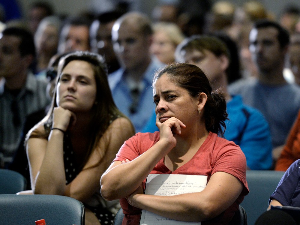 Town hall attendees during a community forum on the Affordable Care Act hosted by Senators Diane Feinstein and Barbara Boxer in Long Beach California