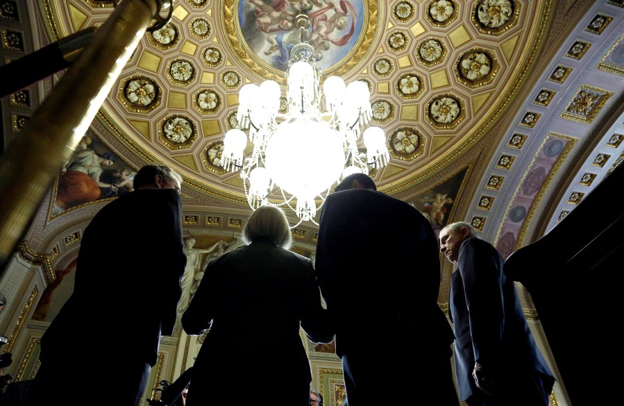 Sessions, Ryan, Murray and Van Hollen talk to reporters as they emerge from an informal meeting of Congressional budget conferees to set a path for their negotiations on the federal budget, at the U.S. Capitol in Washington