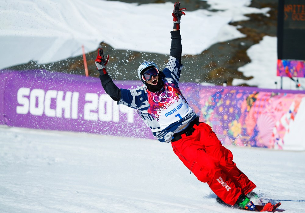 American Nicholas Goepper reacts during the men's freestyle skiing slopestyle finals at the 2014 Sochi Winter Olympic Games, Feb. 13, 2014, in Rosa Khutor.