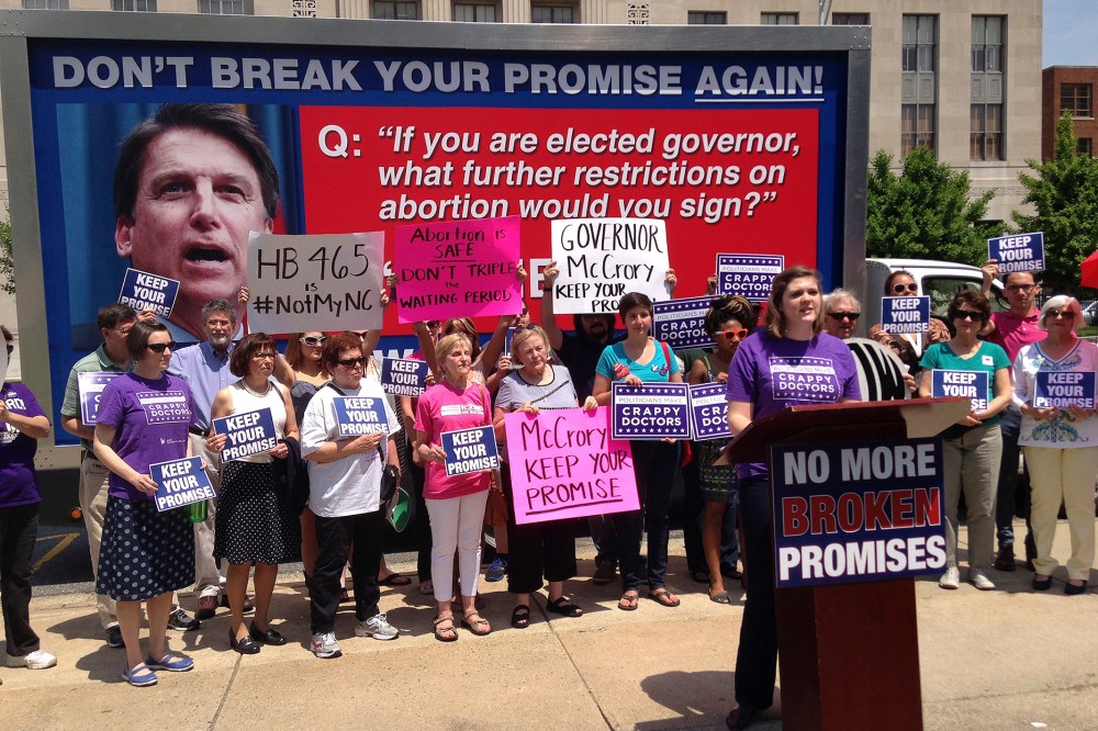 Hannah Osborne, a community organizer for NARAL Pro-Choice North Carolina, speaks at a rally in Greensboro, N.C., May 6, 2015. (Photo by Colleen Jenkins/Reuters)