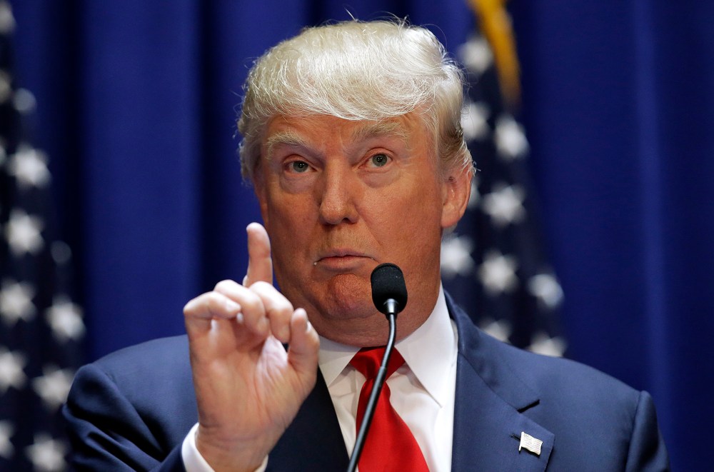 U.S. Republican presidential candidate Donald Trump makes a point as he formally announces his campaign for the 2016 Republican presidential nomination during an event at Trump Tower in New York, June 16, 2015. (Photo by Brendan McDermid/Reuters)