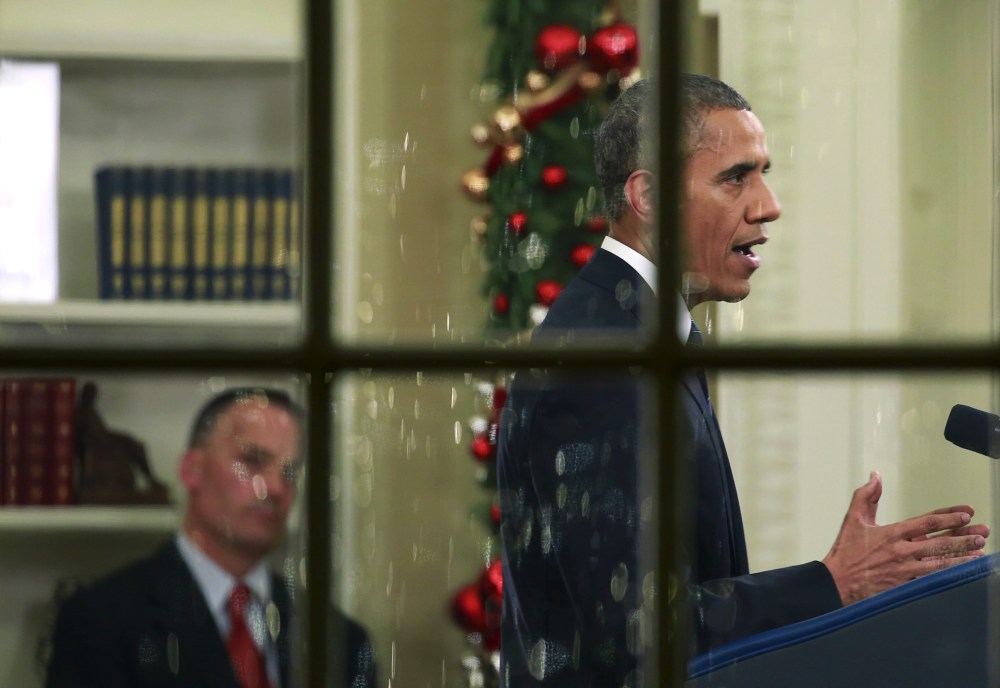 U.S. President Barack Obama speaks about counter-terrorism and the United States fight against Islamic State during an address to the nation from the Oval Office of the White House in Washington, Dec. 6, 2015. (Photo by Yuri Gripas/Reuters)