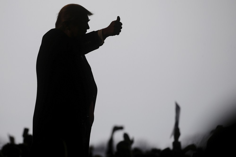 Republican presidential candidate Donald Trump speaks during a campaign event at an airplane hanger in Rochester, New York, April 10, 2016. (Photo by Carlo Allegri/Reuters)