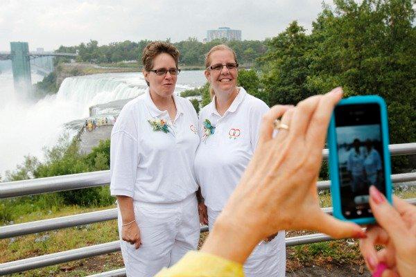 Sharon Gerbracht and Nancy Gerbracht before getting married in Niagara Falls, New York on Monday.