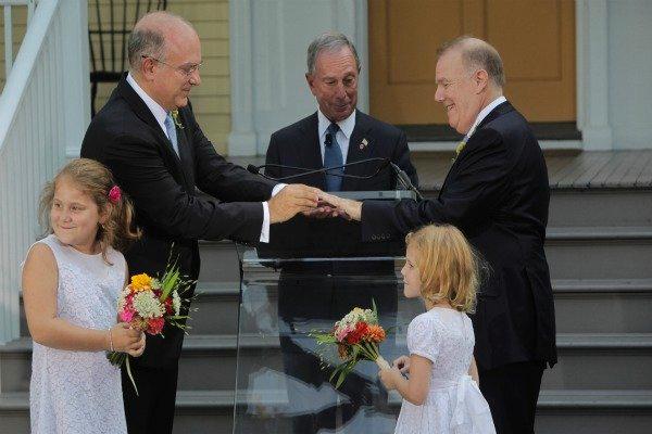 New York City Mayor Michael Bloomberg officiating the marriage ceremony of Jonathan Mintz and John Feinblatt at Gracie Mansion in New York on Sunday.