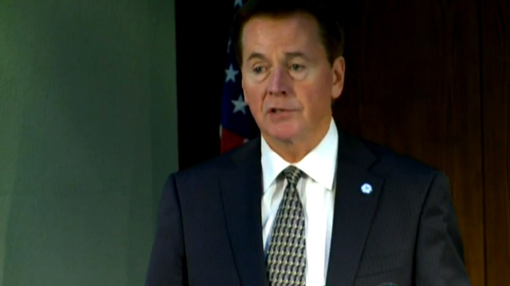 Screen grab from a televised press conference given by Akron Mayor Garry Moneypenny, following his announcement not to seek election in November. (Photo courtesy of WKYC-TV)