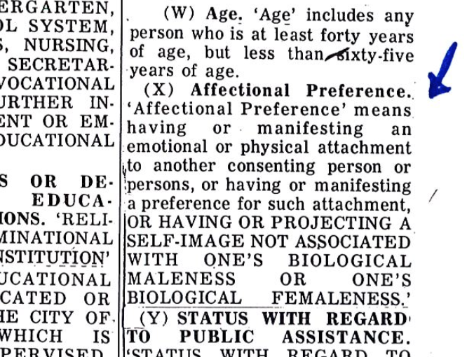 An excerpt from an ordinance passed by the city council of the city of Minneapolis in 1975, the first known legal provision protecting transgender people. (Courtesy of City of Minneapolis)