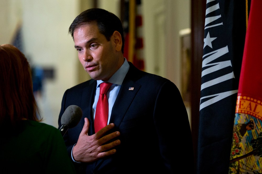 Sen. Marco Rubio, R-Fla., speaks to media outside his office on Capitol Hill in Washington, June 22, 2016. (Photo by Carolyn Kaster/AP)