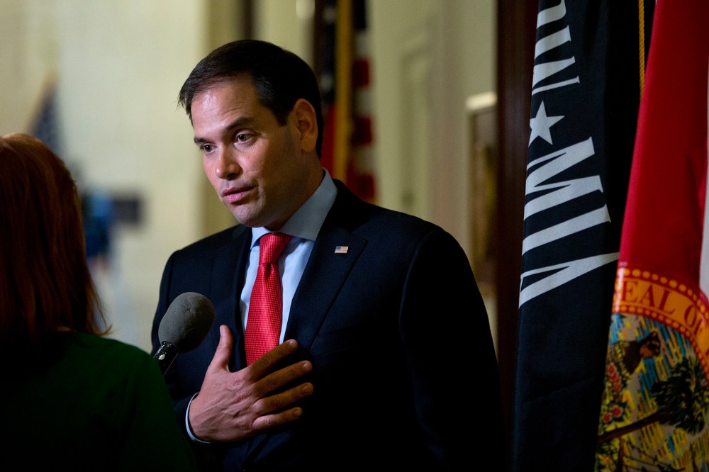 Sen. Marco Rubio, R-Fla., speaks to media outside his office on Capitol Hill in Washington, D.C., June 22, 2016. (Photo by Carolyn Kaster/AP)