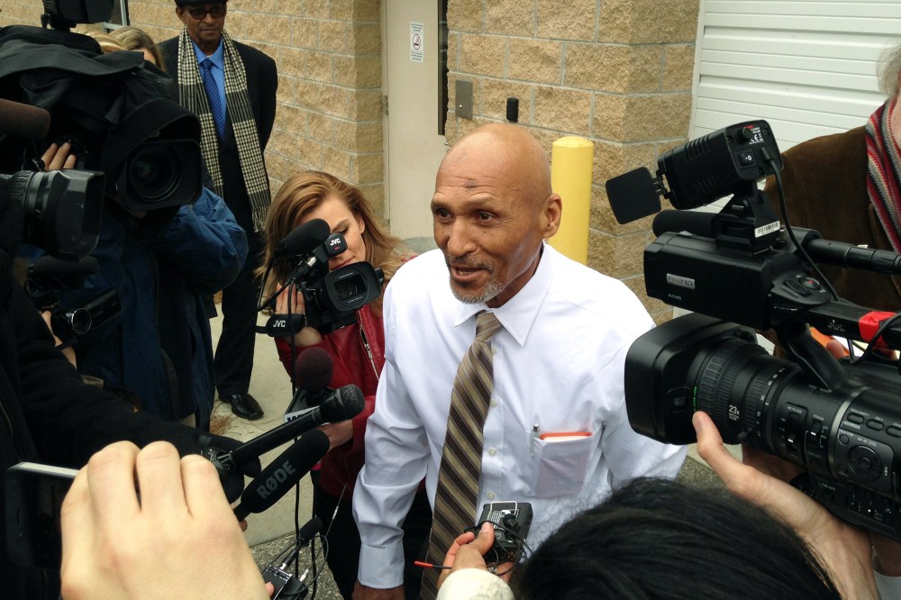 Joseph Sledge, 70, addresses members of the media after being released from jail in Columbus County, N.C., on Jan. 23, 2015, after serving nearly four decades behind bars for two slayings he didn't commit. (Photo by Jonathan Drew/AP)
