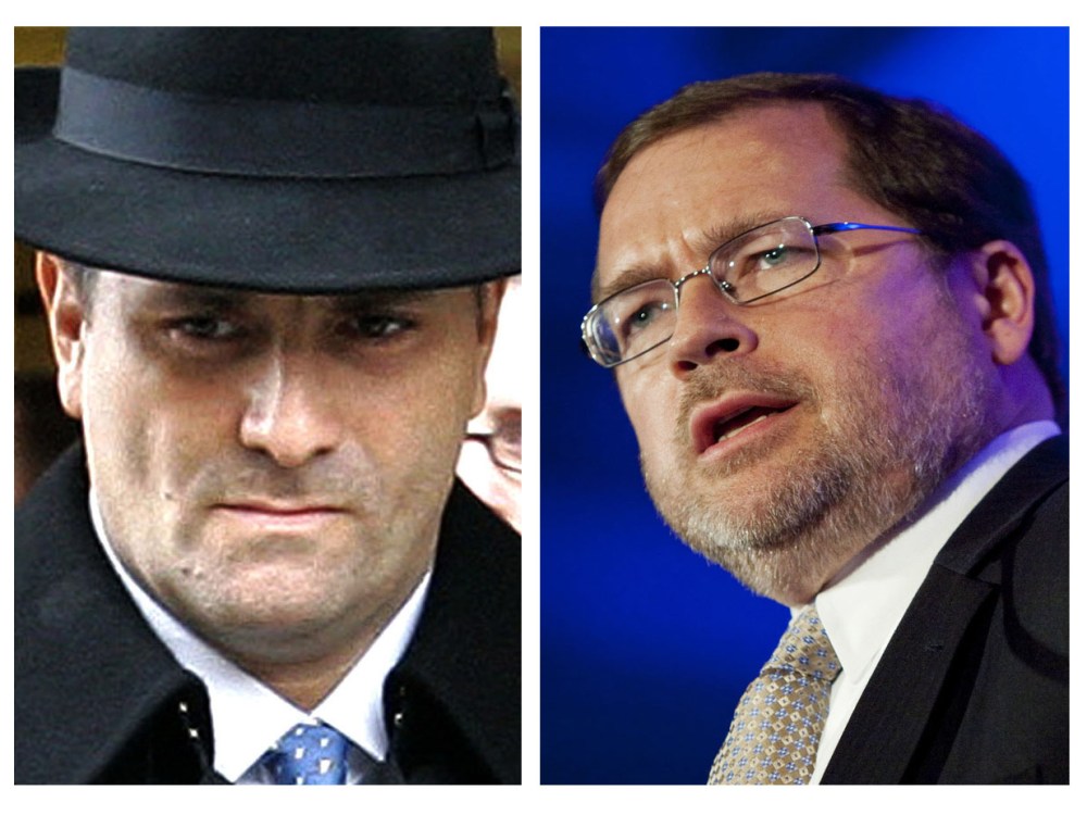 File Photo: (L-R)  In this Jan. 3, 2006 file photo, Jack Abramoff  leaves Federal Court in Washington. (Photo by Gerald Herbert/AP Photo) Grover Norquist, chairman of Americans for Tax Reform, speaks at the Faith and Freedom Coalition in Washington...