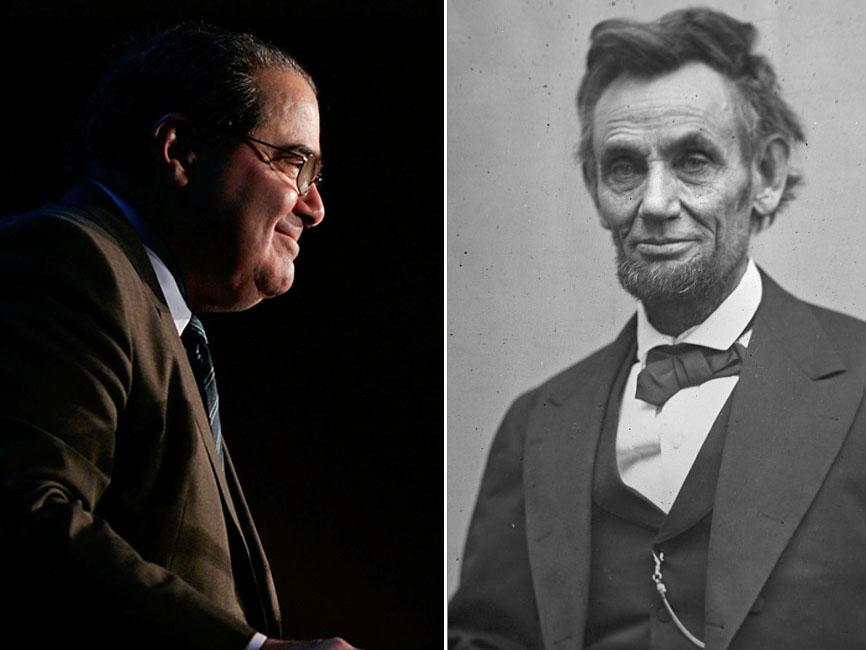 U.S. Supreme Court Justice Antonin Scalia at a Northern Virginia Technology Council event in McLean, Virginia on December 13, 2006. (File photo by Alex Wong/Getty Images); President Abraham Lincoln pictured on Feb. 5, 1865. (File photo by Alexander...