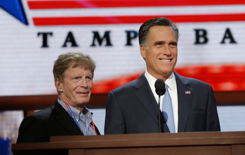 Republican presidential candidate and former Massachusetts Gov. Mitt Romney talks with campaign strategist Stuart Stevens during a podium check at  the Republican National Convention in Tampa, Fla., on Thursday, Aug. 30, 2012. (AP Photo/Charles Dharapak)