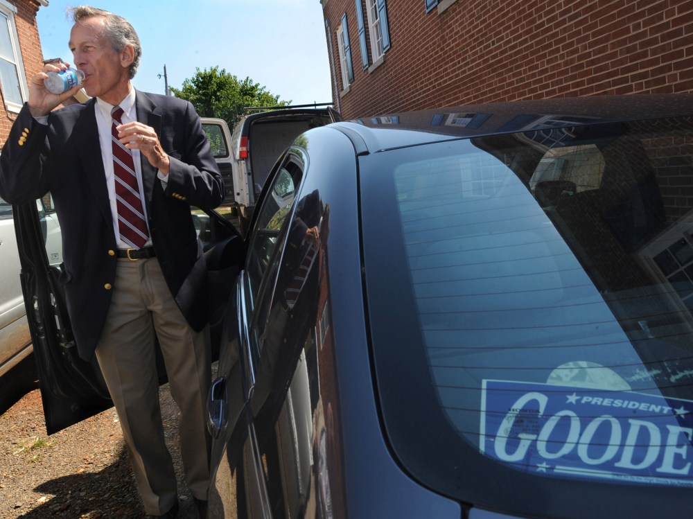 In this Thursday, Sept. 13, 2012 photo, presidential candidate Virgil Goode Jr. hits the campaign trail by car in Rocky Mount, Va. The former congressman has qualified for the presidential ballot in Virginia, adding a potential obstacle to Republican...