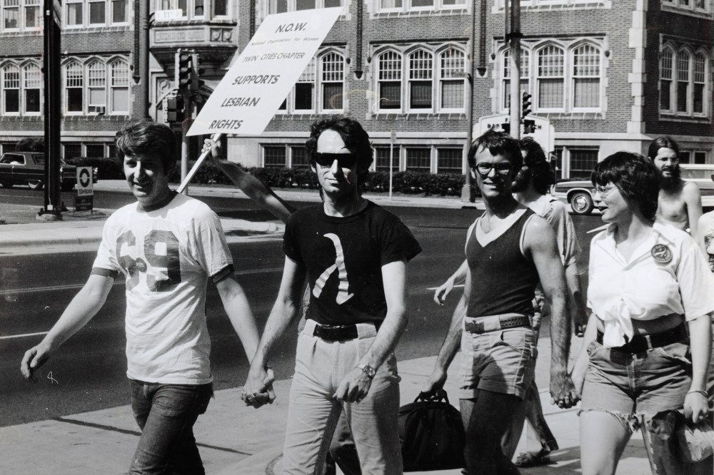 Jack Baker and Michael McConnell, the first same-sex married couple in Minnesota, participate in a Pride Parade in Minneapolis, 1974. (Courtesy of the Jean-Nickolaus Tretter Collection in GLBT Studies/University of Minnesota Libraries)