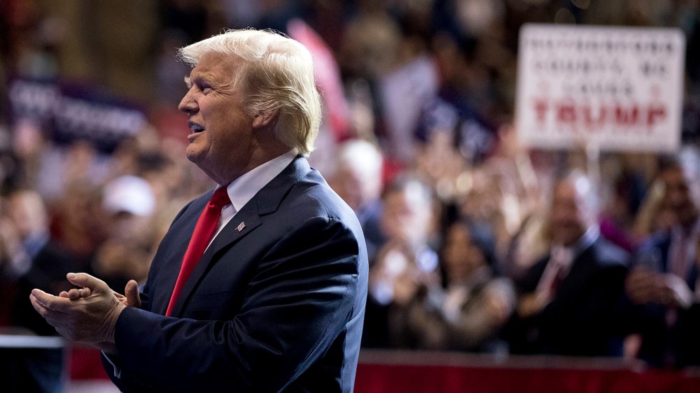 President-elect Donald Trump arrives at a rally at the Crown Coliseum in Fayetteville, N.C., Dec. 6, 2016. (Photo by Andrew Harnik/AP)