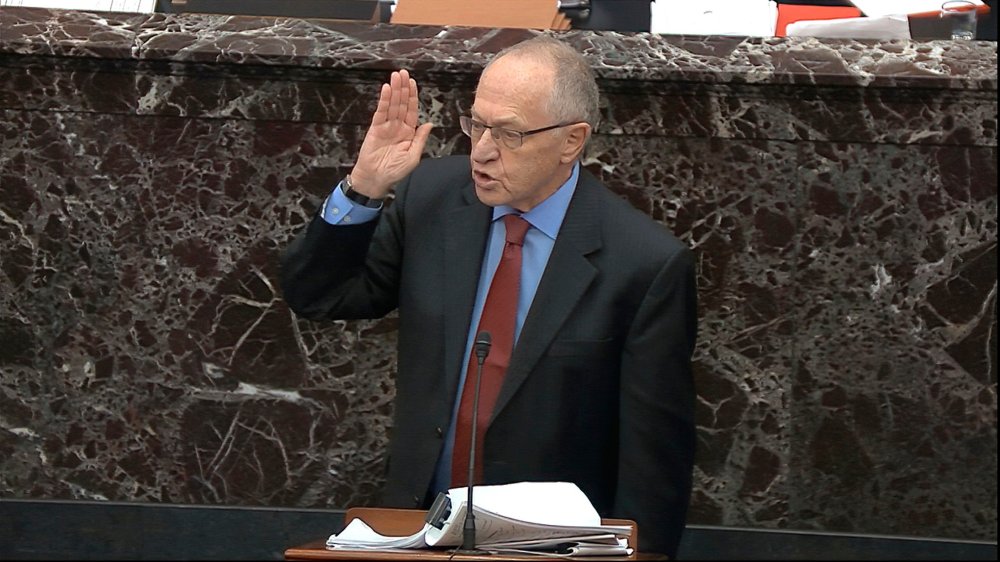 In this image from video, Alan Dershowitz, an attorney for President Donald Trump answers a question during the impeachment trial against Trump in the Senate at the U.S. Capitol in Washington, Wednesday, Jan. 29, 2020.