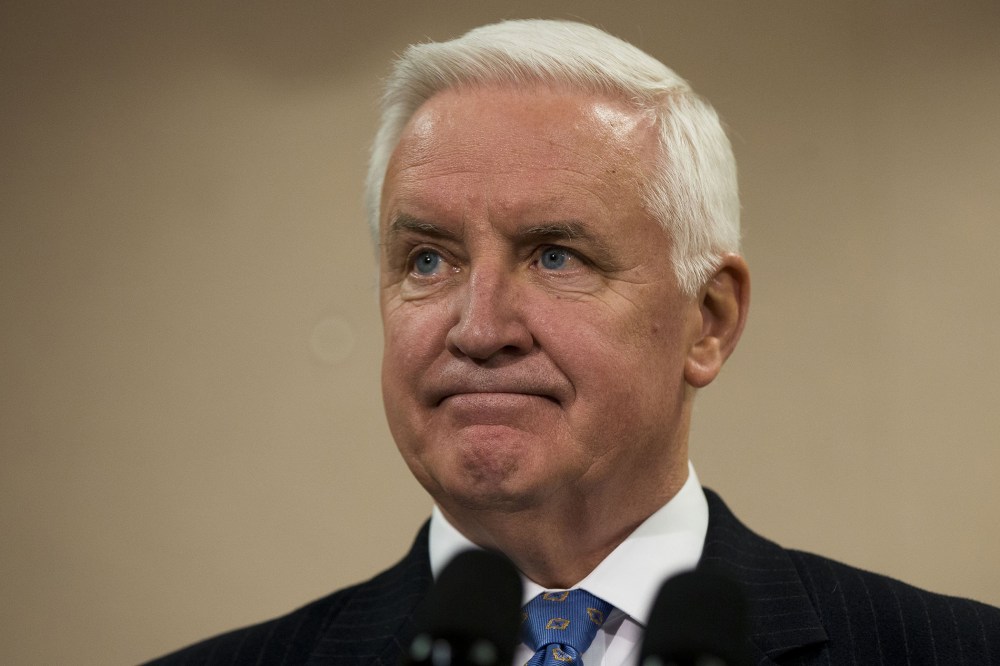 Gov. Tom Corbett listens to a question during a news conference Friday, Jan. 17, 2014, in Philadelphia.
