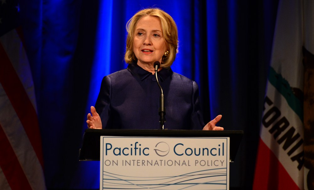 Fomer U.S. Secretary of State Hillary Rodham Clinton speaks at an event hosted by The Pacific Council on International Policy in Los Angeles, California on May 8, 2013. (Photo by Frederic J. Brown/AFP/Getty)